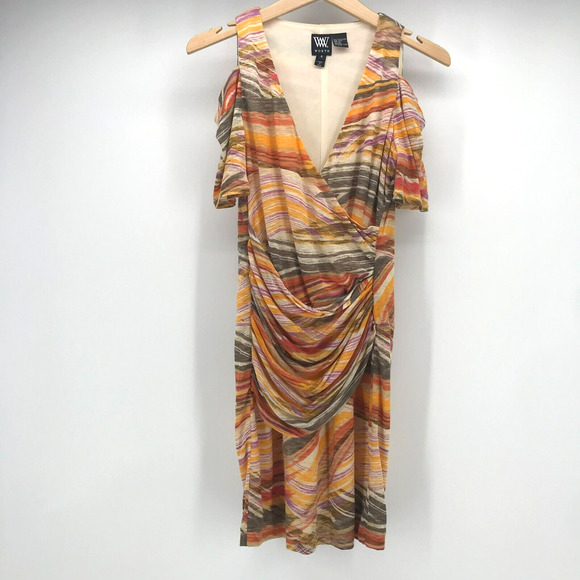 Worth Dress Womens 4 Yellow Orange Purple Faux Wrap V Neck Cold Shoulder Bodycon - Picture 1 of 7